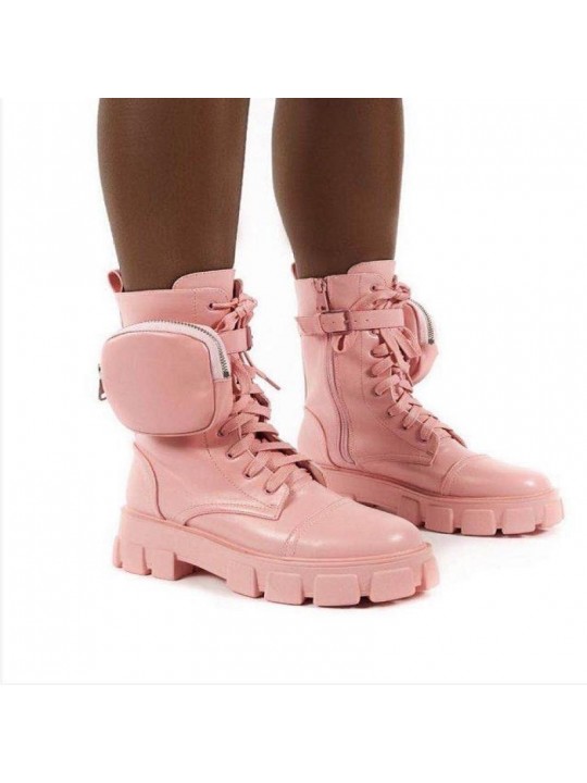 Women Fashion Plus Size Solid Color Lace-Up Platform Short Combat Boots