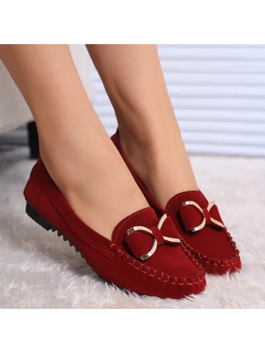 Women Casual Round Toe Metal Bow Design Solid Color Suede Loafers Flat Driving Shoes