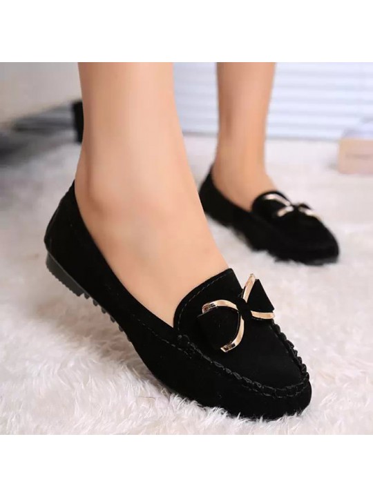 Women Casual Round Toe Metal Bow Design Solid Color Suede Loafers Flat Driving Shoes