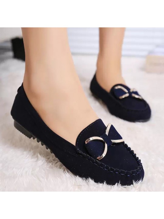 Women Casual Round Toe Metal Bow Design Solid Color Suede Loafers Flat Driving Shoes