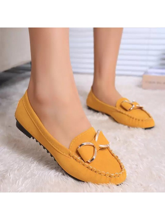 Women Casual Round Toe Metal Bow Design Solid Color Suede Loafers Flat Driving Shoes