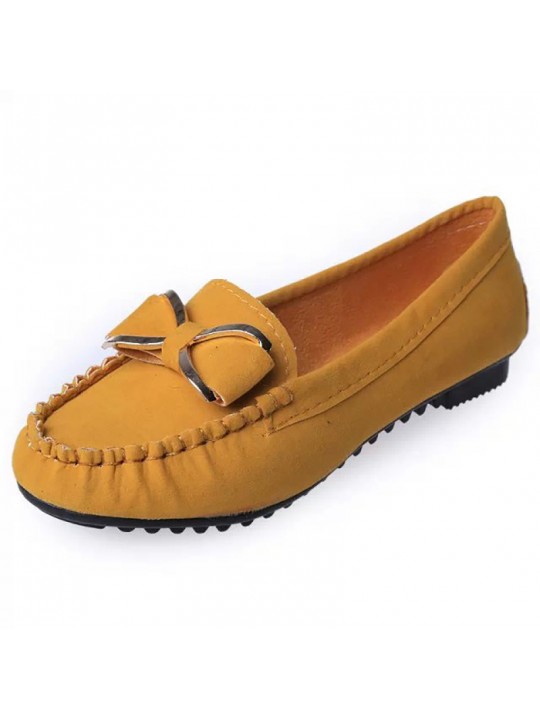 Women Casual Round Toe Metal Bow Design Solid Color Suede Loafers Flat Driving Shoes