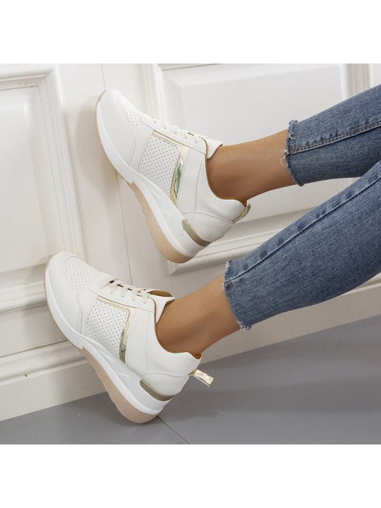 Women Plus Size Casual Summer Thick-Soled Wedge Lace-Up Mesh Sneakers