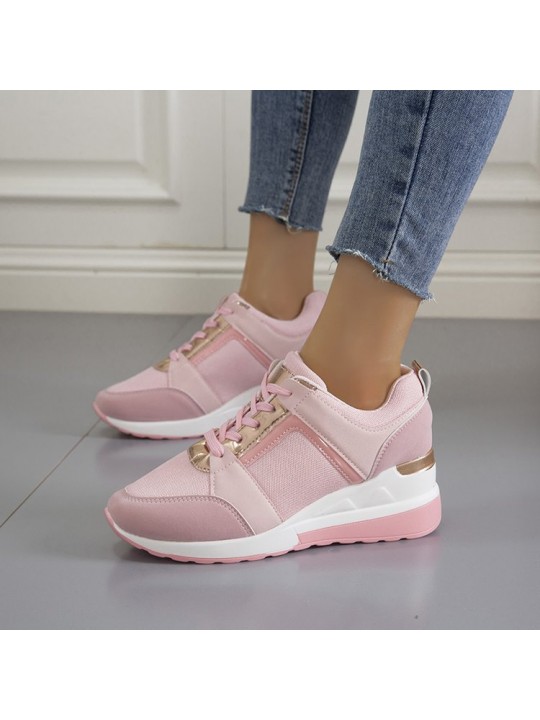 Women Plus Size Casual Summer Thick-Soled Wedge Lace-Up Mesh Sneakers