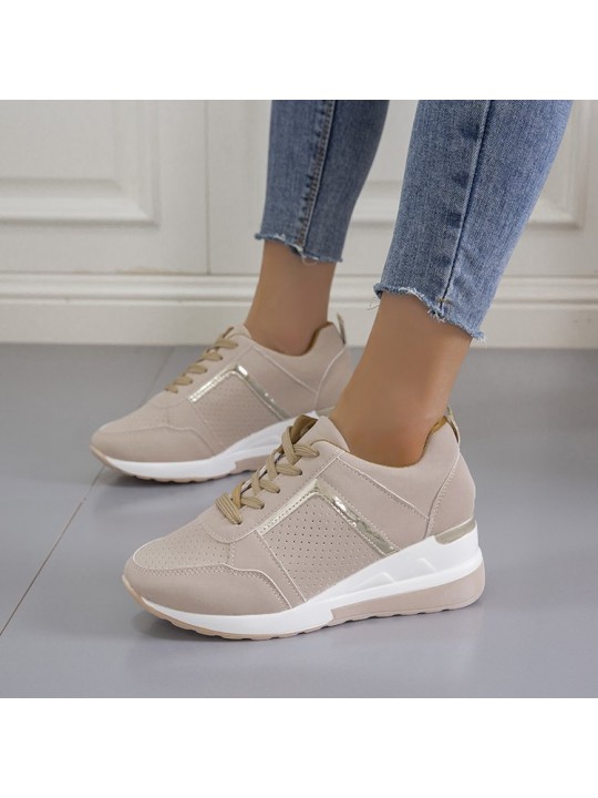 Women Plus Size Casual Summer Thick-Soled Wedge Lace-Up Mesh Sneakers