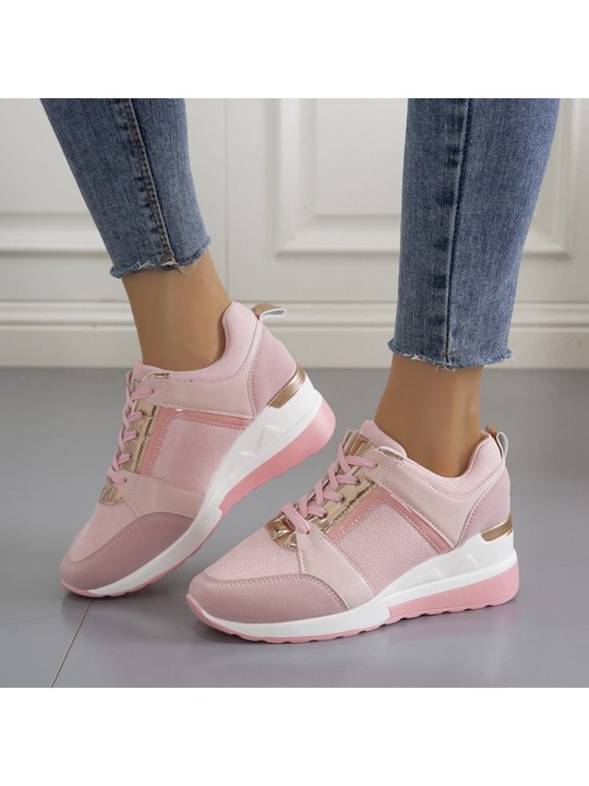 Women Plus Size Casual Summer Thick-Soled Wedge Lace-Up Mesh Sneakers