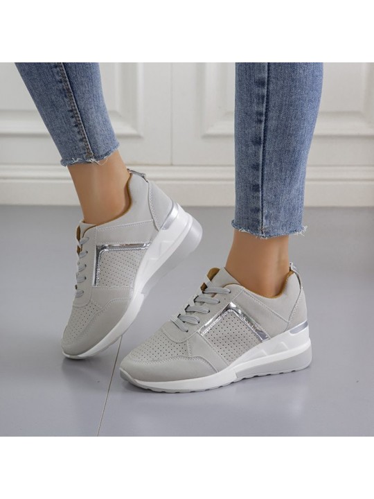 Women Plus Size Casual Summer Thick-Soled Wedge Lace-Up Mesh Sneakers