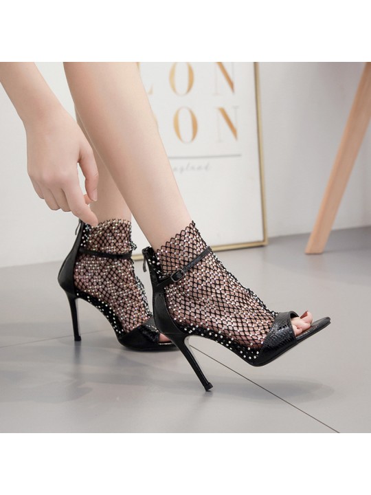 Women Sexy Party Peep Toe Hollow Mesh Upper Back Zipper High Heel Sandals