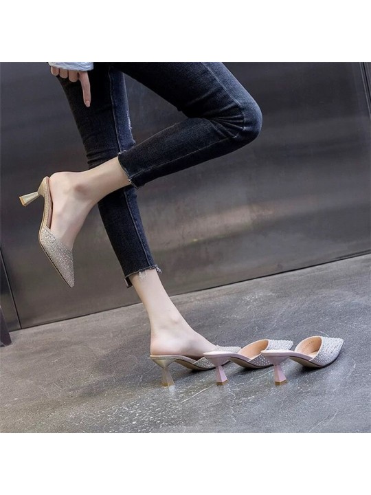 Size:4.5-8.5 Women Fashion Crystal Decoration High Heel Mules