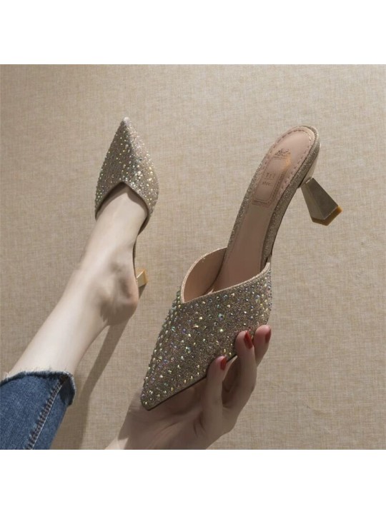 Size:4.5-8.5 Women Fashion Crystal Decoration High Heel Mules