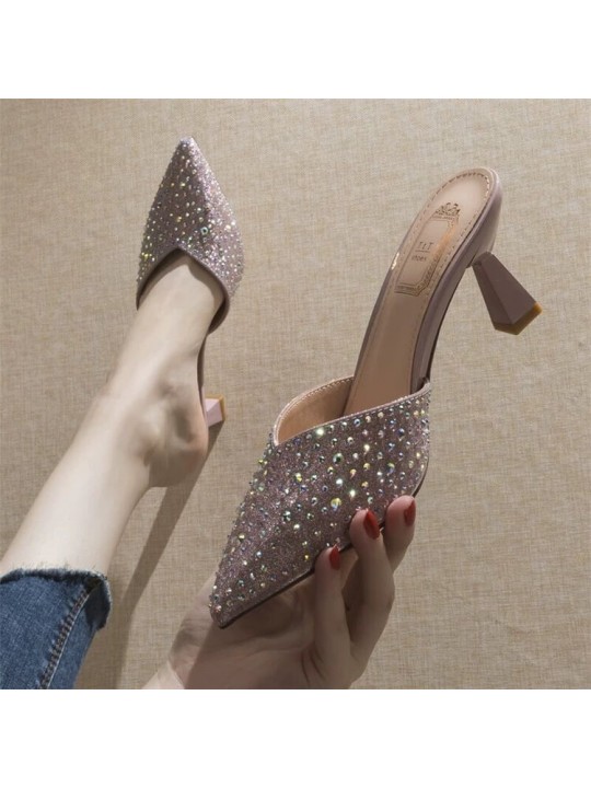 Size:4.5-8.5 Women Fashion Crystal Decoration High Heel Mules