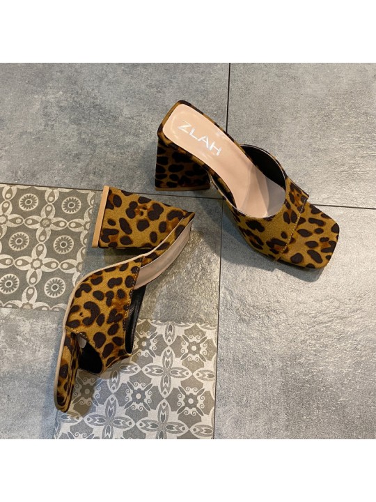 Square Toe Chunky High-Heeled Solid Color Suede Leopard Slippers