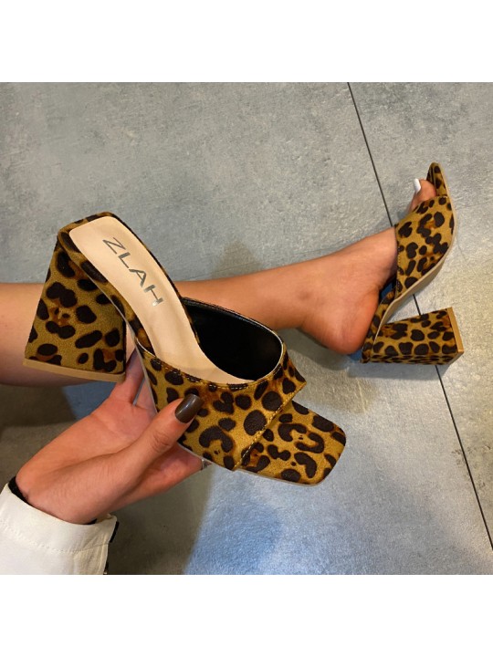 Square Toe Chunky High-Heeled Solid Color Suede Leopard Slippers