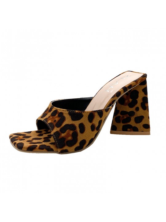 Square Toe Chunky High-Heeled Solid Color Suede Leopard Slippers