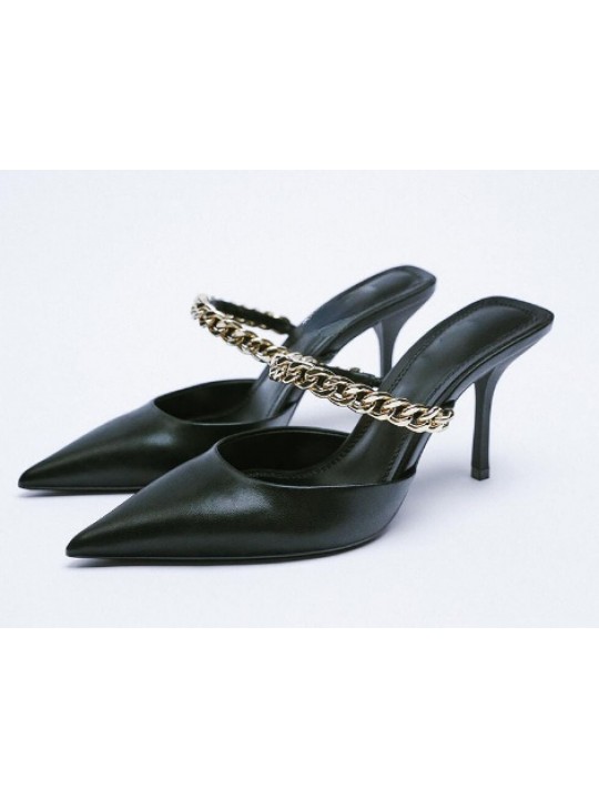 Women Sexy Chain Design Pointed Toe Solid Stiletto Mules