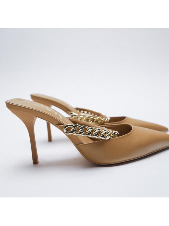 Women Sexy Chain Design Pointed Toe Solid Stiletto Mules