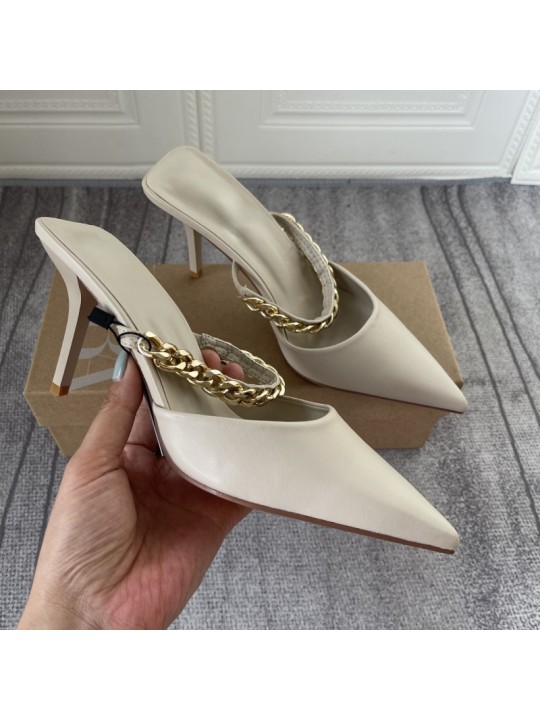 Women Sexy Chain Design Pointed Toe Solid Stiletto Mules