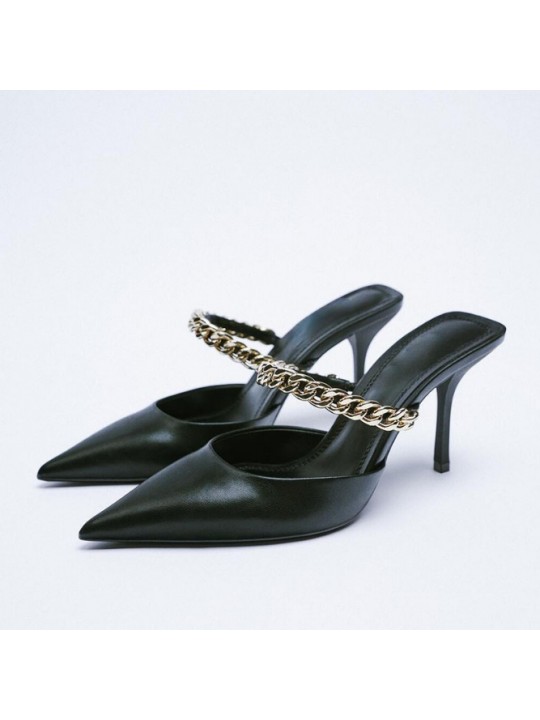 Women Sexy Chain Design Pointed Toe Solid Stiletto Mules