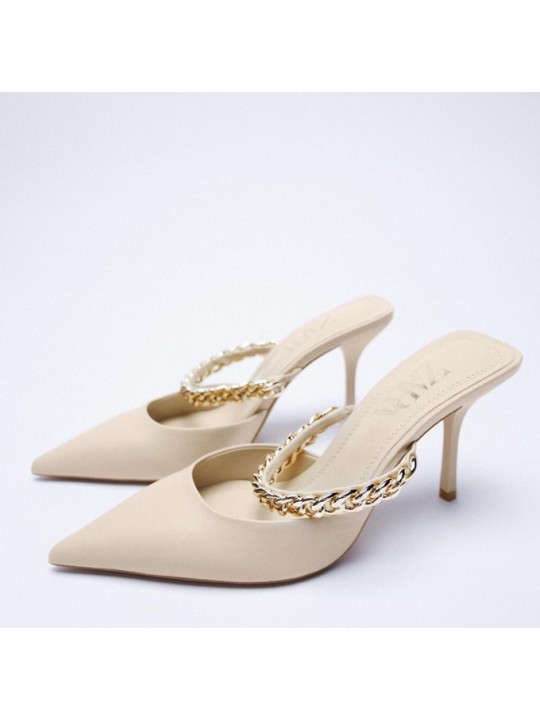 Women Sexy Chain Design Pointed Toe Solid Stiletto Mules