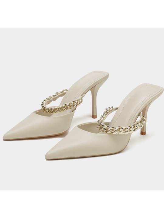 Women Sexy Chain Design Pointed Toe Solid Stiletto Mules