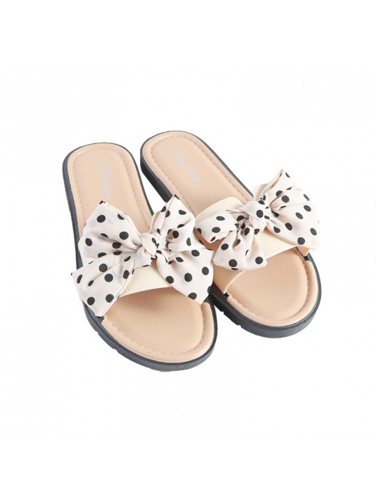 Women Casual Bow Decorated Polka Dot Pattern Flat House Slippers