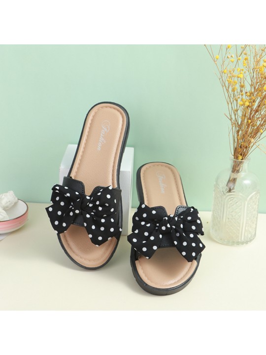 Women Casual Bow Decorated Polka Dot Pattern Flat House Slippers