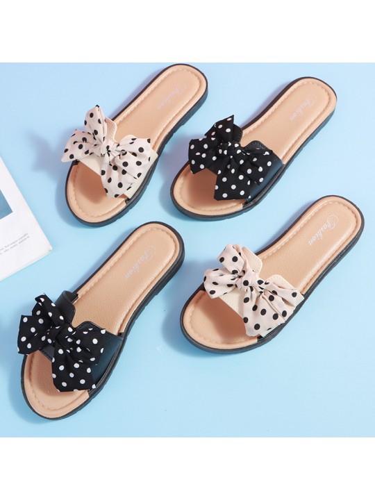 Women Casual Bow Decorated Polka Dot Pattern Flat House Slippers