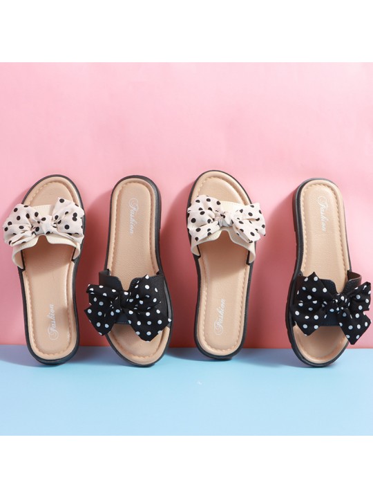 Women Casual Bow Decorated Polka Dot Pattern Flat House Slippers