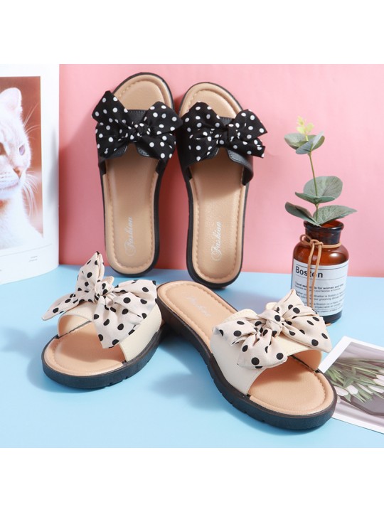 Women Casual Bow Decorated Polka Dot Pattern Flat House Slippers