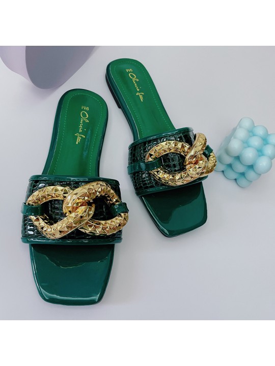 Women Fashion Casual Chain Decorative Square Toe Flat Slippers