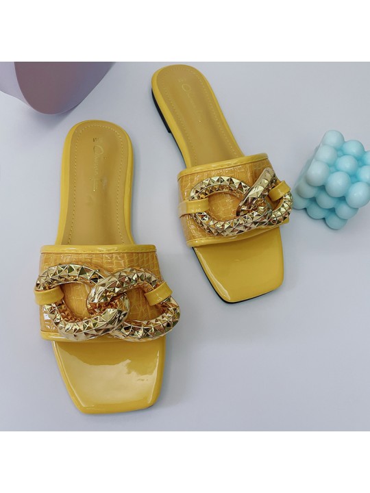 Women Fashion Casual Chain Decorative Square Toe Flat Slippers