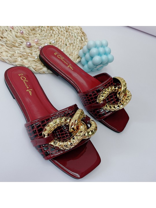 Women Fashion Casual Chain Decorative Square Toe Flat Slippers