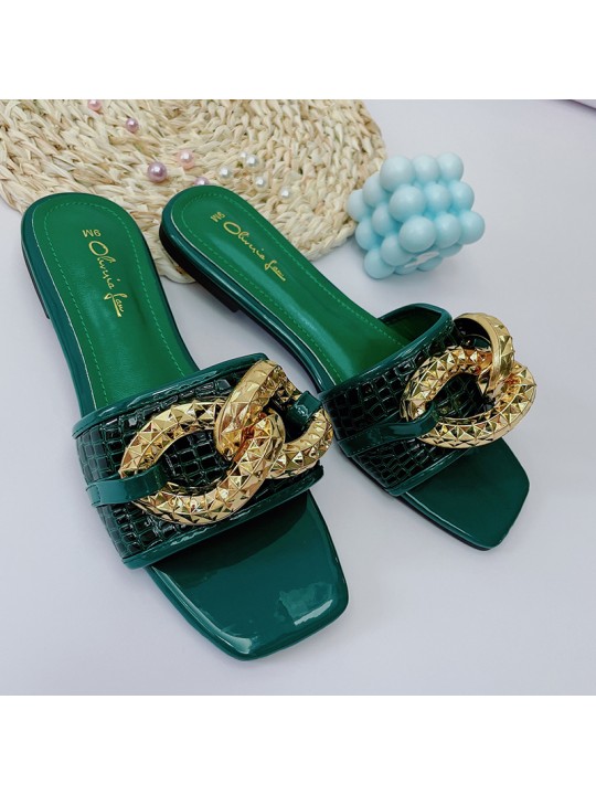 Women Fashion Casual Chain Decorative Square Toe Flat Slippers