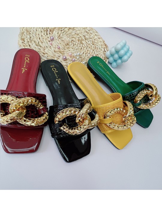 Women Fashion Casual Chain Decorative Square Toe Flat Slippers