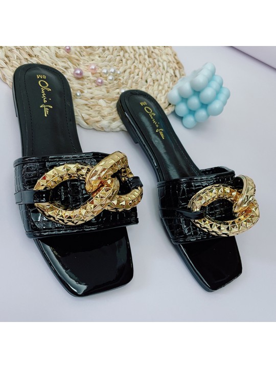 Women Fashion Casual Chain Decorative Square Toe Flat Slippers