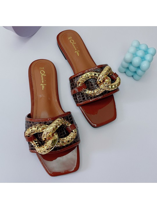 Women Fashion Casual Chain Decorative Square Toe Flat Slippers