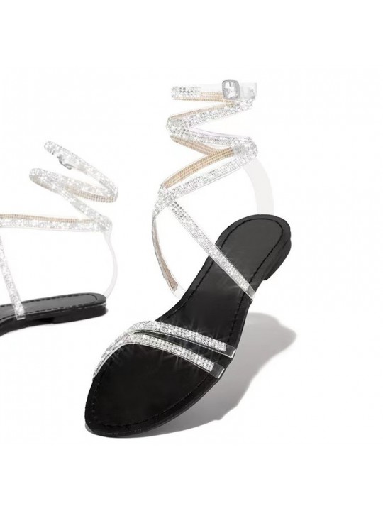 Women Fashion Sexy Sparkling Strap Design Rhinestone Decorative Flat Sandals