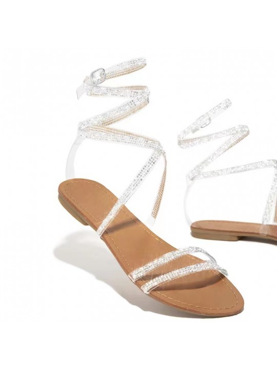 Women Fashion Sexy Sparkling Strap Design Rhinestone Decorative Flat Sandals