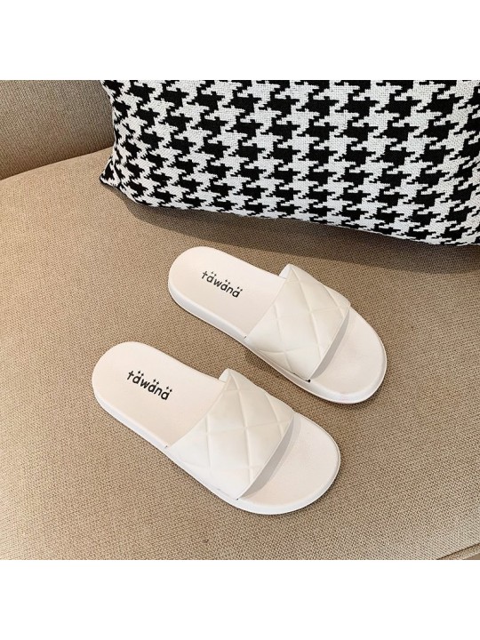 Women Casual Diamond Stitch Solid Color Flat House Slippers