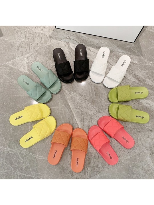 Women Casual Diamond Stitch Solid Color Flat House Slippers