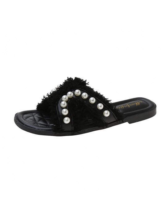 Women Elegant Chic Pearl Embellished Flat Slippers