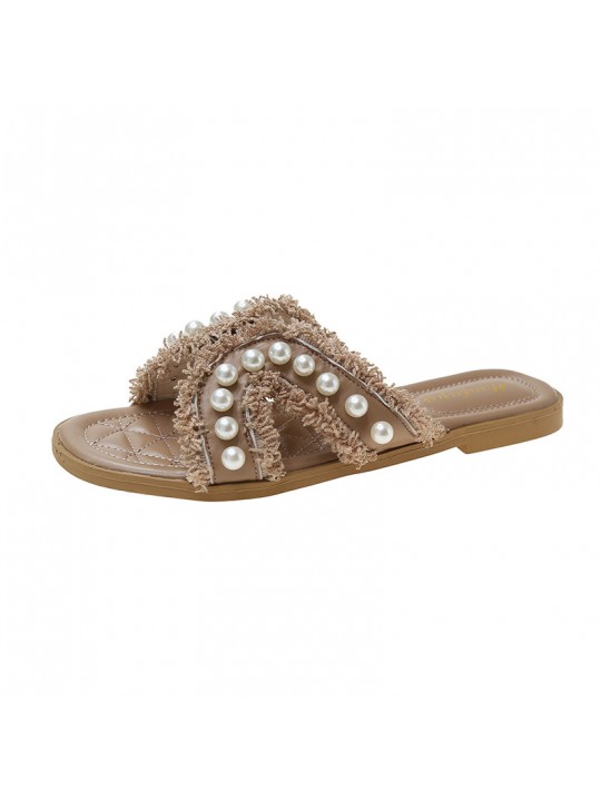 Women Elegant Chic Pearl Embellished Flat Slippers