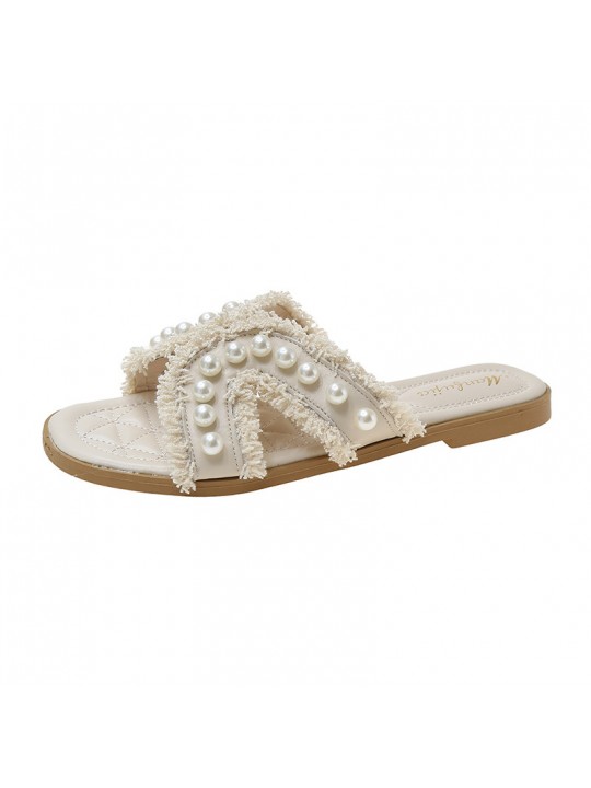 Women Elegant Chic Pearl Embellished Flat Slippers