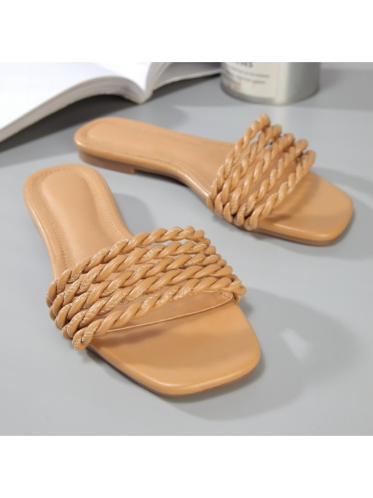 Women Casual Woven Design Solid Color Flat Slippers