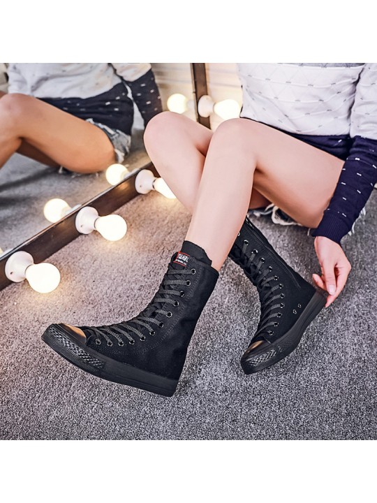 Women Casual Side Zip Mid-Top Canvas Mid-Calf Boots