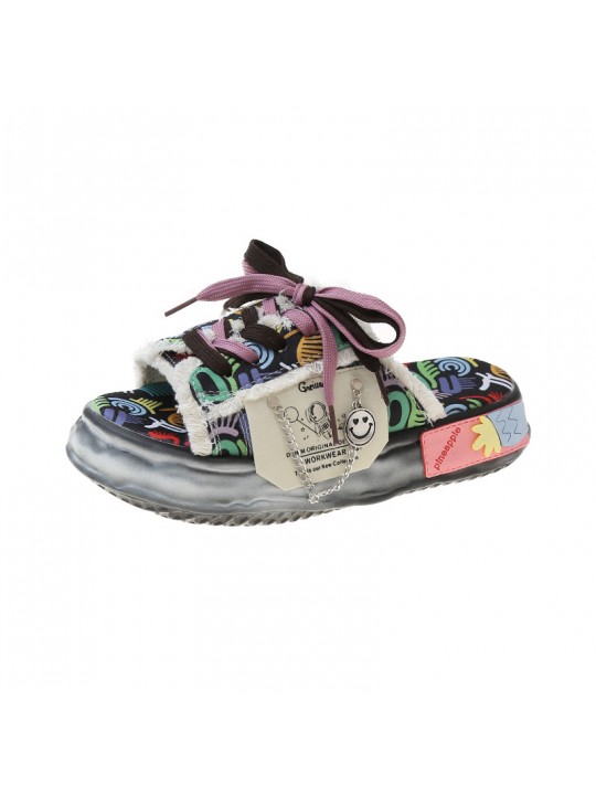 Women Fashion Round Toe Graffiti Thick-Soled Slippers Shoes