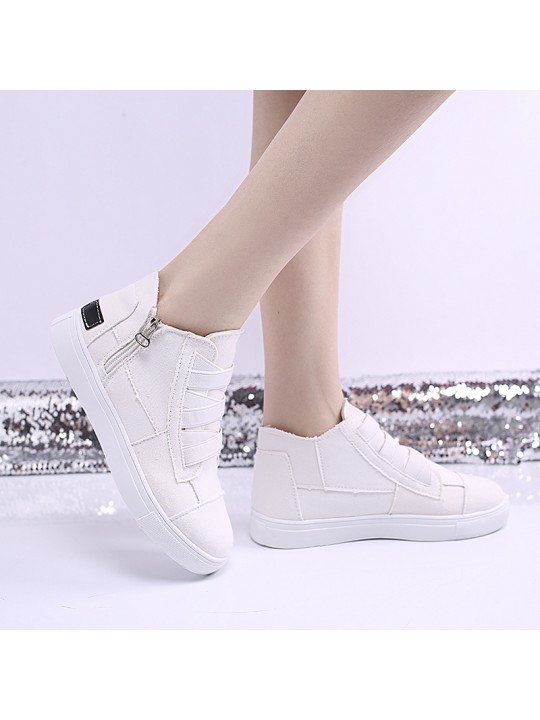 Women Fashion Round Toe Mid-Top Canvas Raw Edge Elastic Sneakers