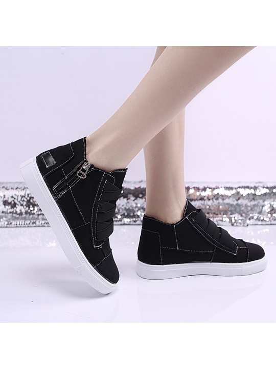 Women Fashion Round Toe Mid-Top Canvas Raw Edge Elastic Sneakers