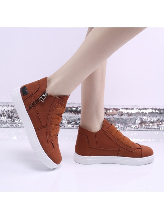 Women Fashion Round Toe Mid-Top Canvas Raw Edge Elastic Sneakers