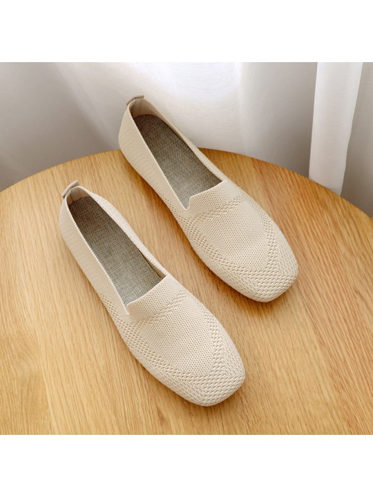 Women'S Fashion Plus Size Fly Knit Flat Square Toe Knit Slip-On Loafers